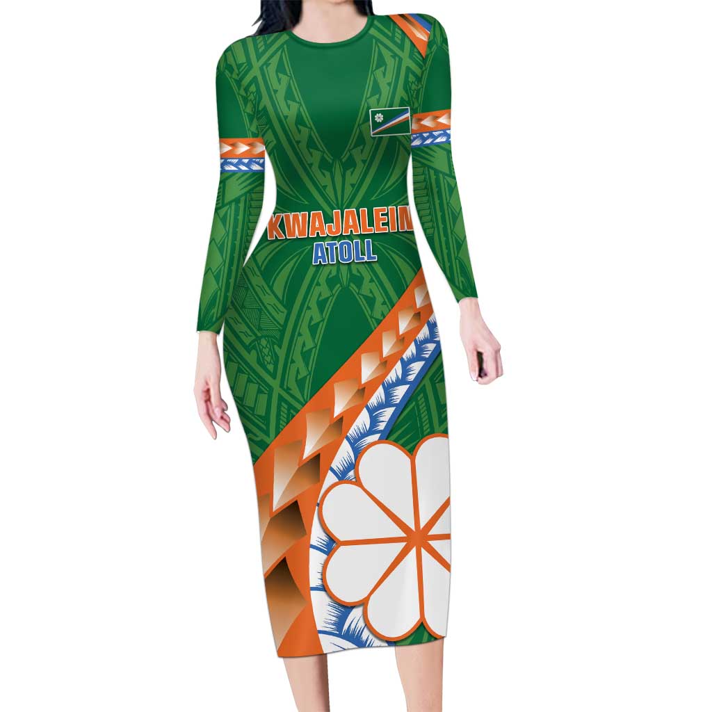 Personalised Marshall Islands Kwajalein Atoll Long Sleeve Bodycon Dress Polynesian Tribal Tattoo LT05 Long Dress Green - Polynesian Pride