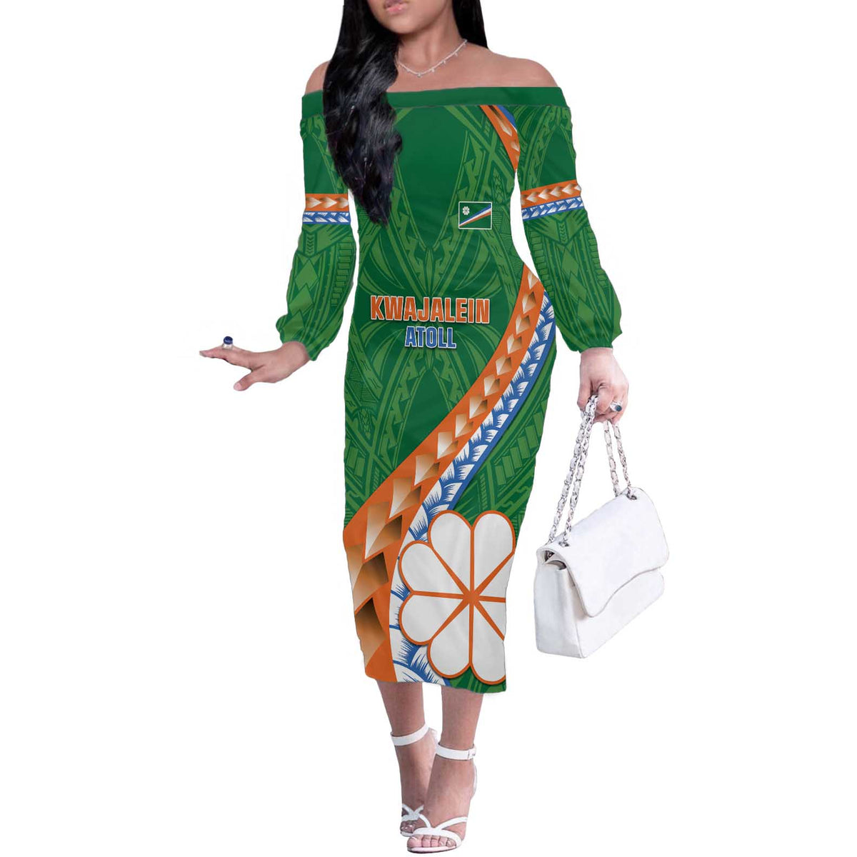 Personalised Marshall Islands Kwajalein Atoll Off The Shoulder Long Sleeve Dress Polynesian Tribal Tattoo LT05 Women Green - Polynesian Pride