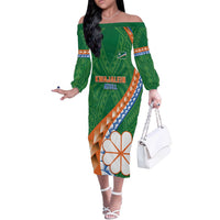 Personalised Marshall Islands Kwajalein Atoll Off The Shoulder Long Sleeve Dress Polynesian Tribal Tattoo LT05 Women Green - Polynesian Pride