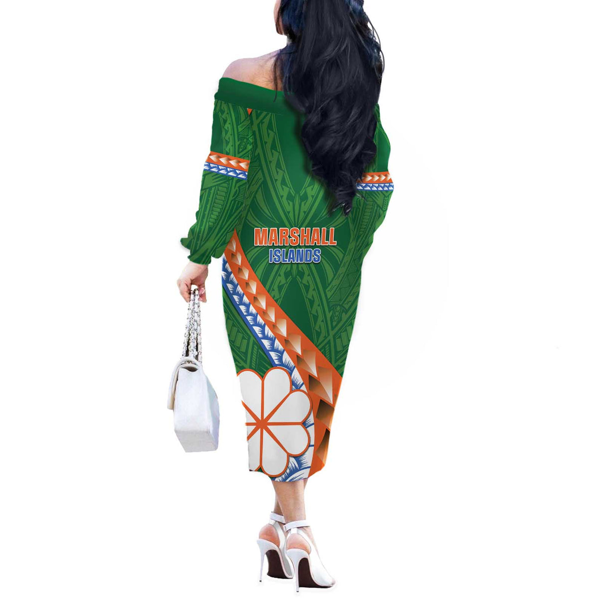 Personalised Marshall Islands Kwajalein Atoll Off The Shoulder Long Sleeve Dress Polynesian Tribal Tattoo LT05 - Polynesian Pride