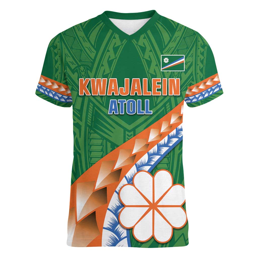 Personalised Marshall Islands Kwajalein Atoll Women V-Neck T-Shirt Polynesian Tribal Tattoo LT05 Female Green - Polynesian Pride