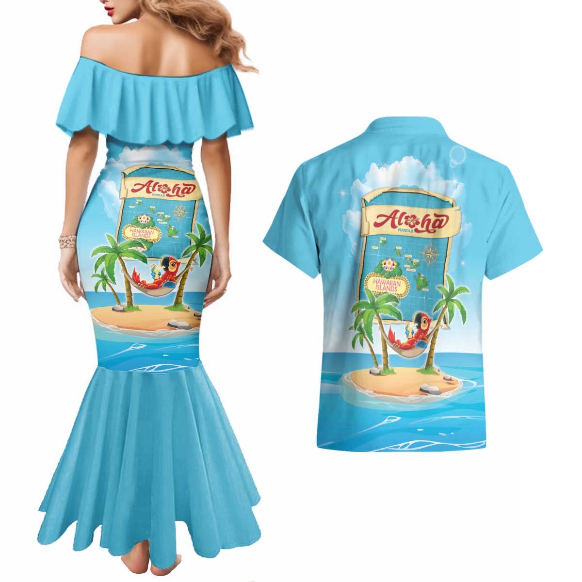 Aloha Hawaii Couples Matching Mermaid Dress and Hawaiian Shirt Funny Macaw Parrot Tropical Vibe LT05 - Polynesian Pride