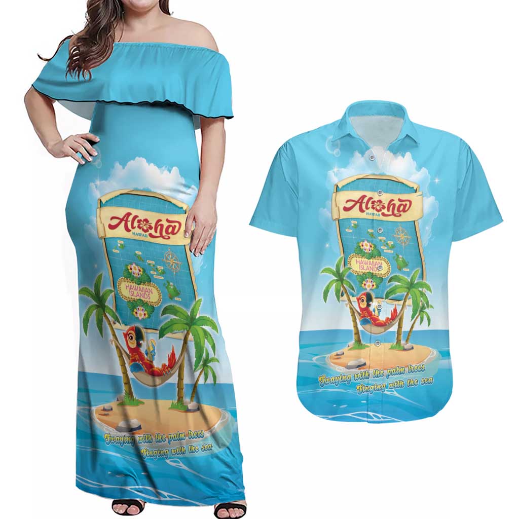 Aloha Hawaii Couples Matching Off Shoulder Maxi Dress and Hawaiian Shirt Funny Macaw Parrot Tropical Vibe LT05 Blue - Polynesian Pride