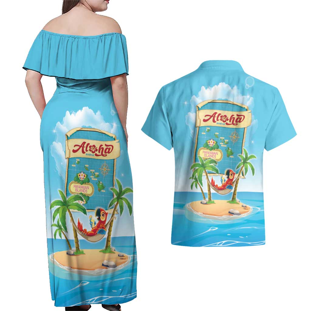 Aloha Hawaii Couples Matching Off Shoulder Maxi Dress and Hawaiian Shirt Funny Macaw Parrot Tropical Vibe LT05 - Polynesian Pride