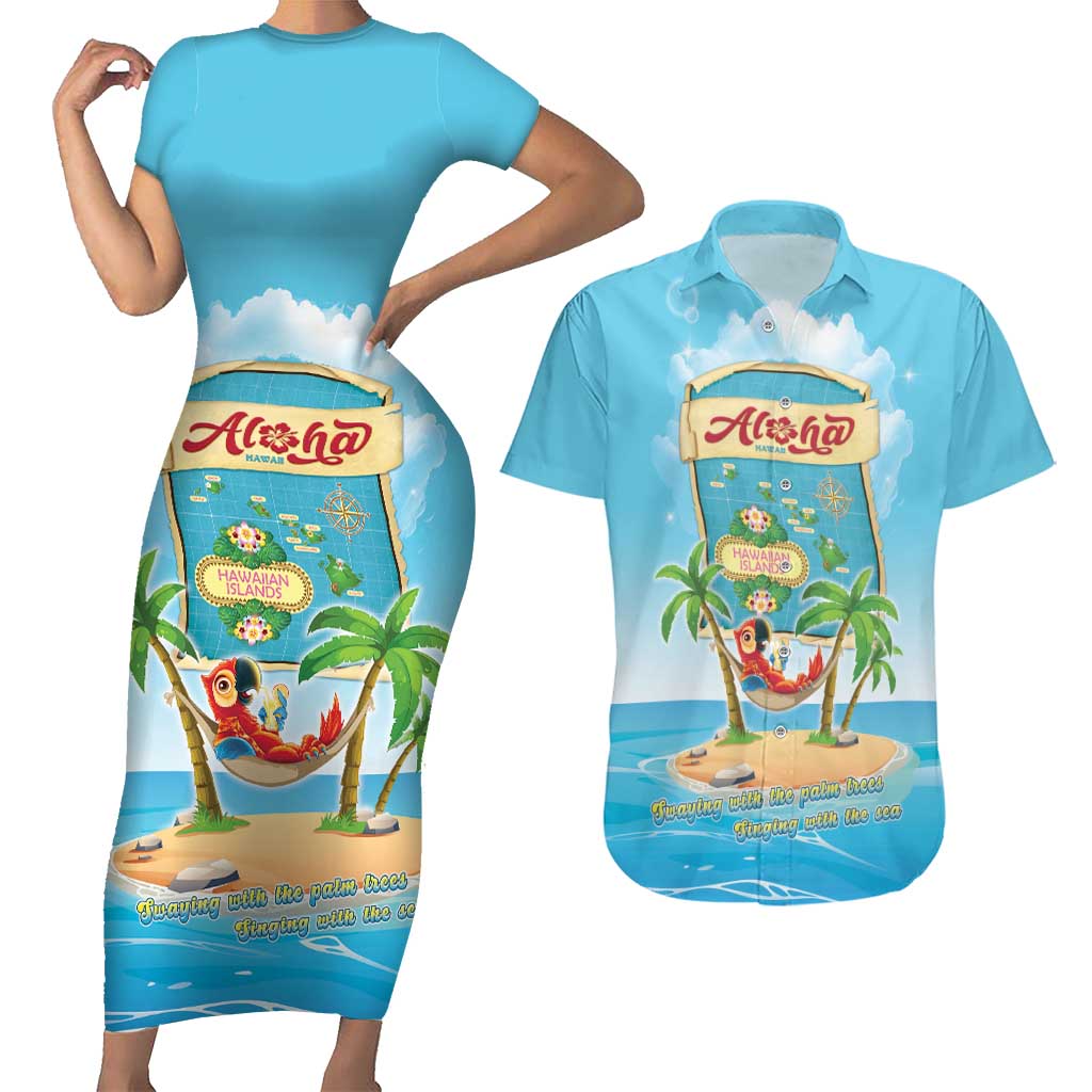 Aloha Hawaii Couples Matching Short Sleeve Bodycon Dress and Hawaiian Shirt Funny Macaw Parrot Tropical Vibe LT05 Blue - Polynesian Pride