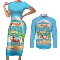 Aloha Hawaii Couples Matching Short Sleeve Bodycon Dress and Long Sleeve Button Shirt Funny Macaw Parrot Tropical Vibe