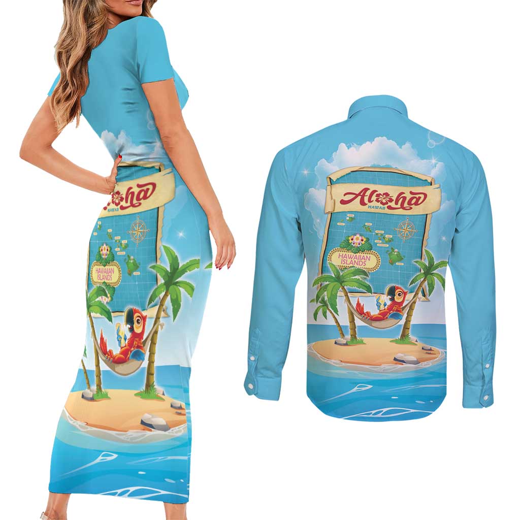 Aloha Hawaii Couples Matching Short Sleeve Bodycon Dress and Long Sleeve Button Shirt Funny Macaw Parrot Tropical Vibe