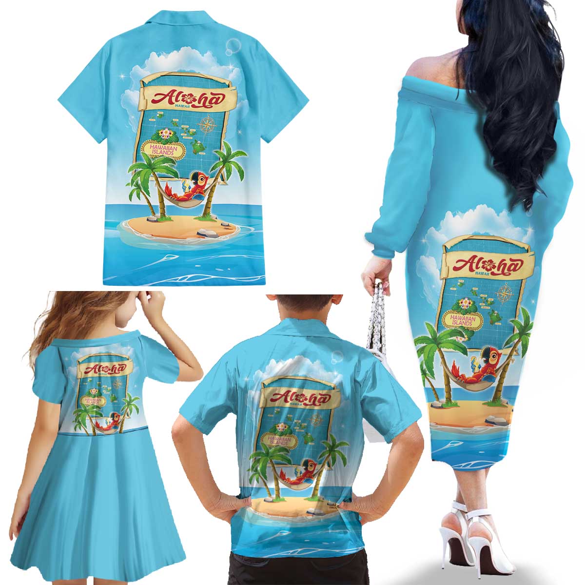 Aloha Hawaii Family Matching Off The Shoulder Long Sleeve Dress and Hawaiian Shirt Funny Macaw Parrot Tropical Vibe LT05 - Polynesian Pride