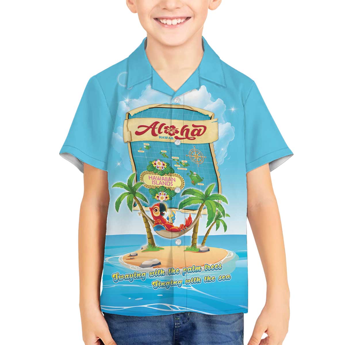 Aloha Hawaii Family Matching Off The Shoulder Long Sleeve Dress and Hawaiian Shirt Funny Macaw Parrot Tropical Vibe LT05 Son's Shirt Blue - Polynesian Pride