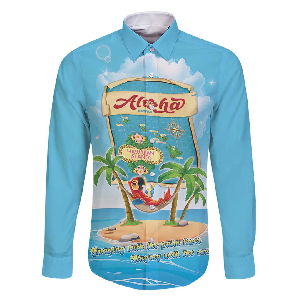 Aloha Hawaii Family Matching Off Shoulder Maxi Dress and Hawaiian Shirt Funny Macaw Parrot Tropical Vibe LT05 Dad's Shirt - Long Sleeve Blue - Polynesian Pride