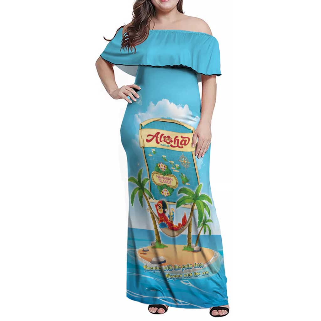 Aloha Hawaii Family Matching Off Shoulder Maxi Dress and Hawaiian Shirt Funny Macaw Parrot Tropical Vibe LT05 Mom's Dress Blue - Polynesian Pride