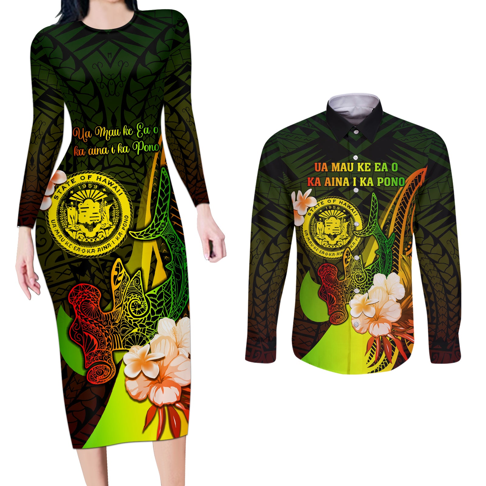 Personalised Hawaii State Motto Couples Matching Long Sleeve Bodycon Dress and Long Sleeve Button Shirt Hawaiian Tribal Reggae Hammerhead Shark LT05 Reggae - Polynesian Pride
