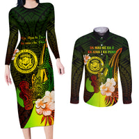 Personalised Hawaii State Motto Couples Matching Long Sleeve Bodycon Dress and Long Sleeve Button Shirt Hawaiian Tribal Reggae Hammerhead Shark LT05 Reggae - Polynesian Pride
