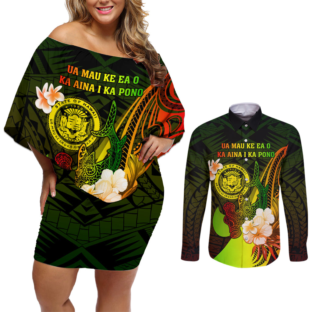 Personalised Hawaii State Motto Couples Matching Off Shoulder Short Dress and Long Sleeve Button Shirt Hawaiian Tribal Reggae Hammerhead Shark LT05 Reggae - Polynesian Pride