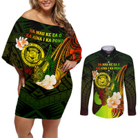 Personalised Hawaii State Motto Couples Matching Off Shoulder Short Dress and Long Sleeve Button Shirt Hawaiian Tribal Reggae Hammerhead Shark LT05 Reggae - Polynesian Pride