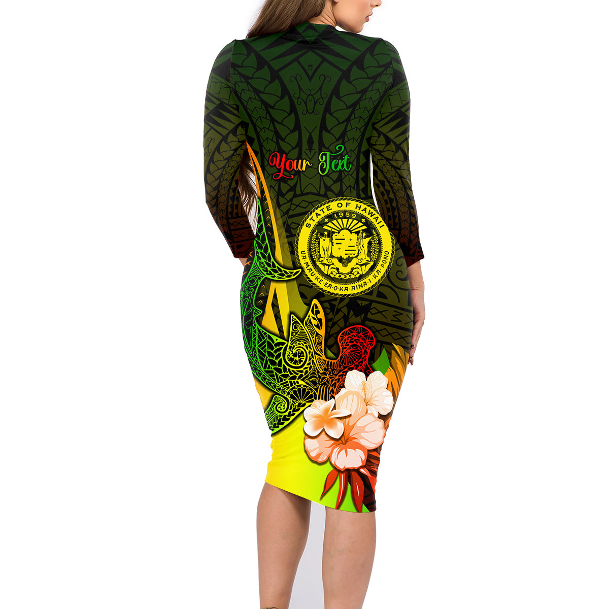 Personalised Hawaii State Motto Family Matching Long Sleeve Bodycon Dress and Hawaiian Shirt Hawaiian Tribal Reggae Hammerhead Shark LT05 - Polynesian Pride