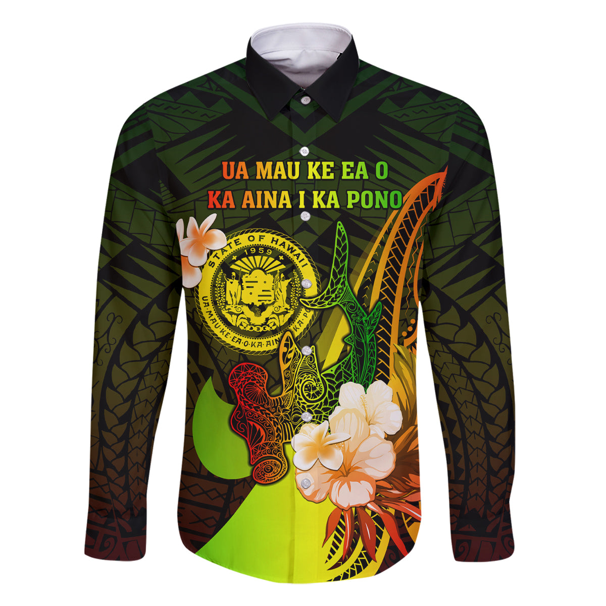 Personalised Hawaii State Motto Family Matching Mermaid Dress and Hawaiian Shirt Hawaiian Tribal Reggae Hammerhead Shark LT05 Dad's Shirt - Long Sleeve Reggae - Polynesian Pride