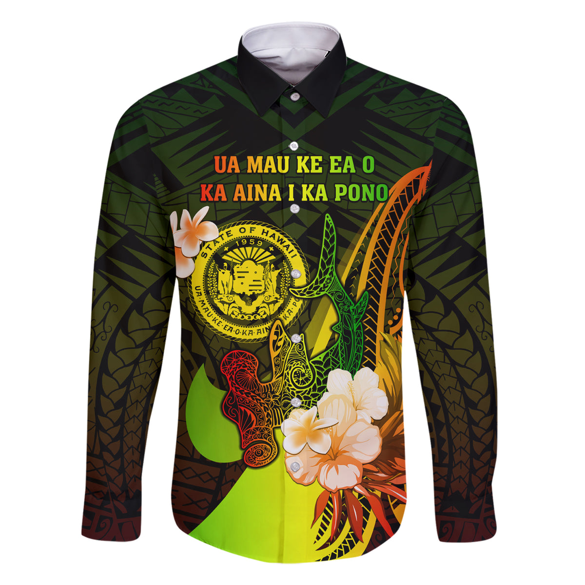 Personalised Hawaii State Motto Family Matching Short Sleeve Bodycon Dress and Hawaiian Shirt Hawaiian Tribal Reggae Hammerhead Shark LT05 Dad's Shirt - Long Sleeve Reggae - Polynesian Pride