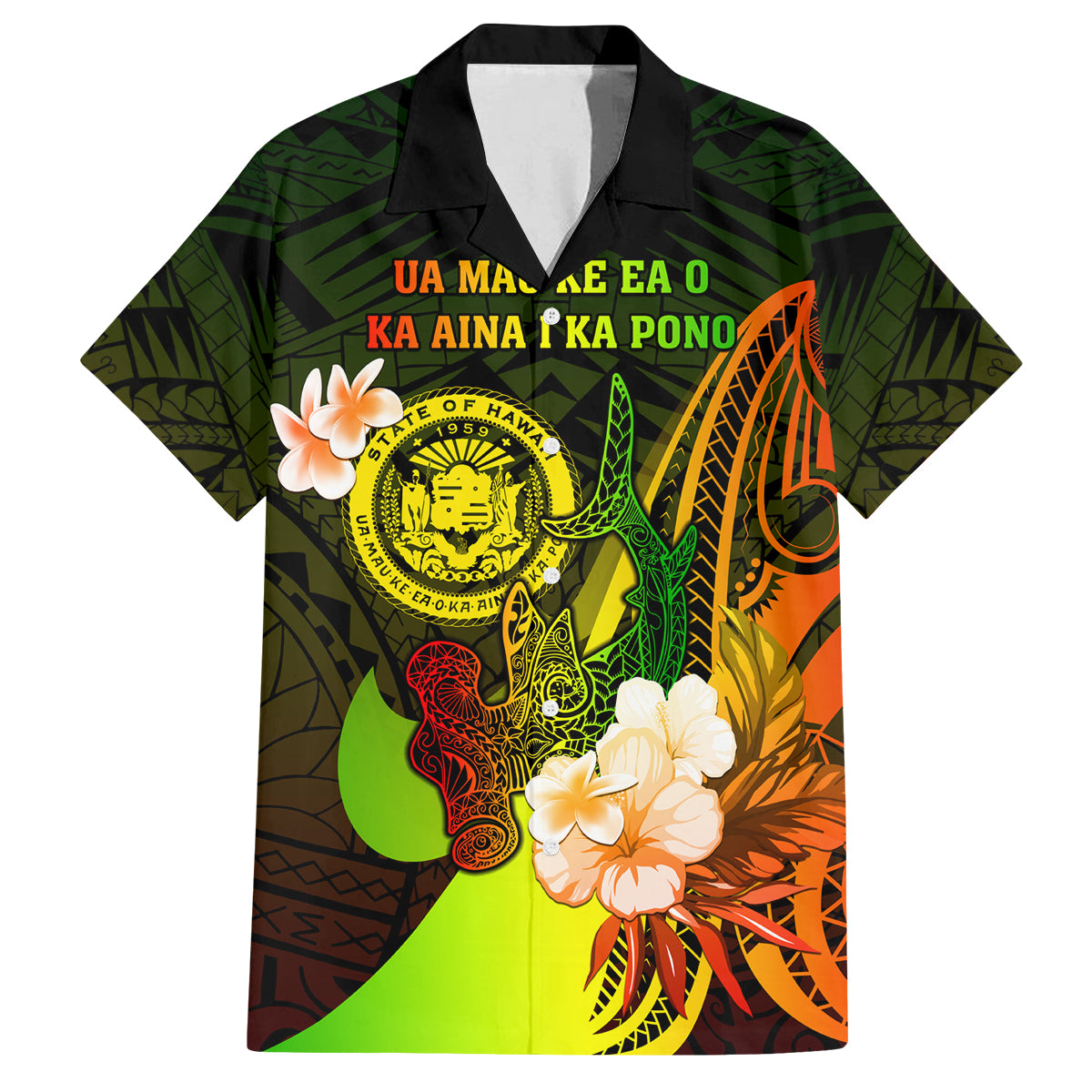 Personalised Hawaii State Motto Family Matching Tank Maxi Dress and Hawaiian Shirt Hawaiian Tribal Reggae Hammerhead Shark LT05 Dad's Shirt - Short Sleeve Reggae - Polynesian Pride
