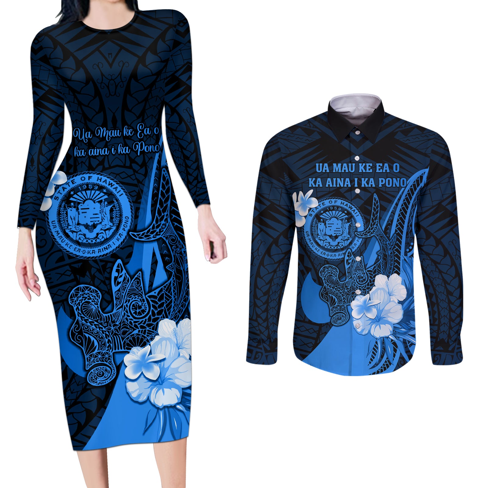 Personalised Hawaii State Motto Couples Matching Long Sleeve Bodycon Dress and Long Sleeve Button Shirt Hawaiian Tribal Blue Hammerhead Shark LT05 Blue - Polynesian Pride