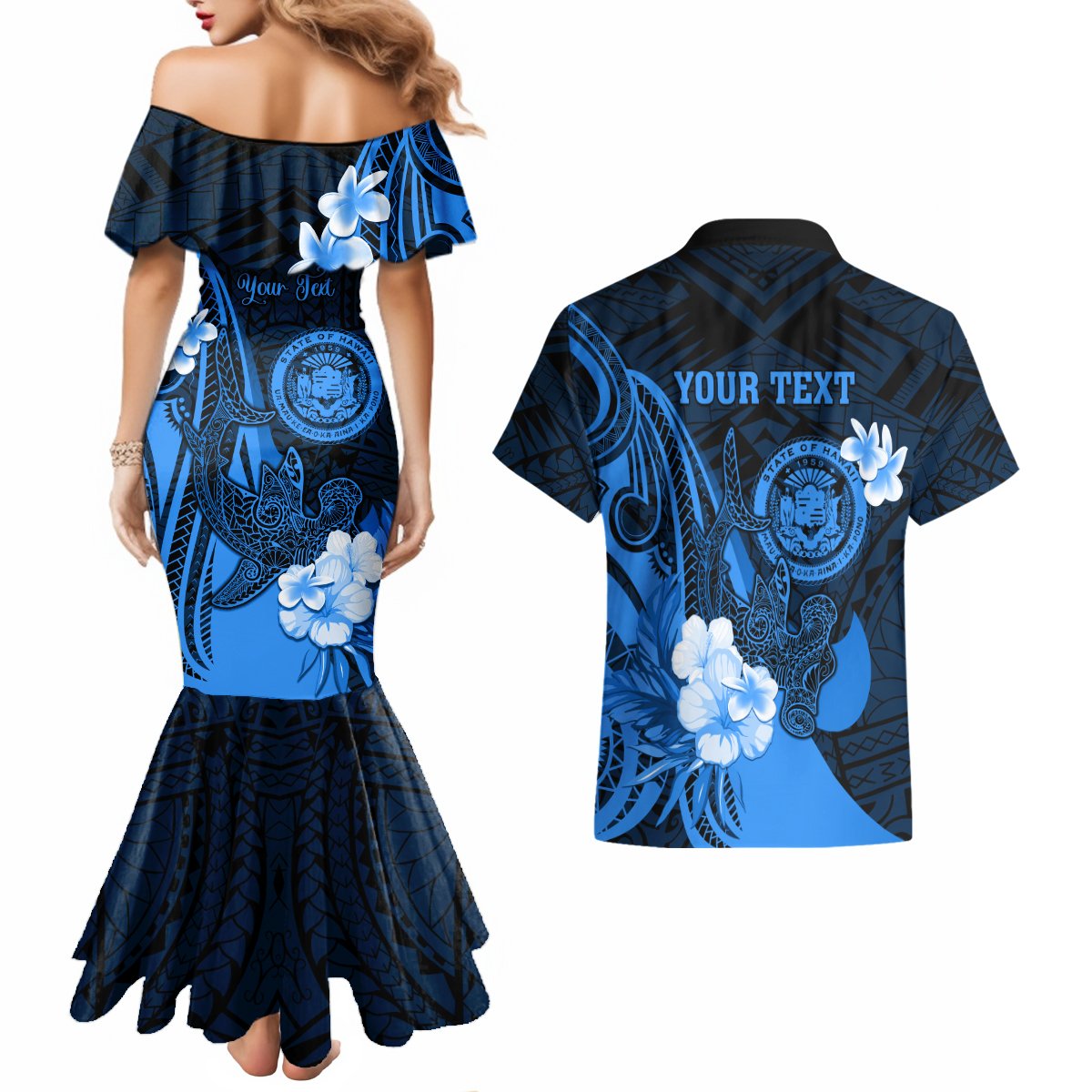 Personalised Hawaii State Motto Couples Matching Mermaid Dress and Hawaiian Shirt Hawaiian Tribal Blue Hammerhead Shark LT05 - Polynesian Pride
