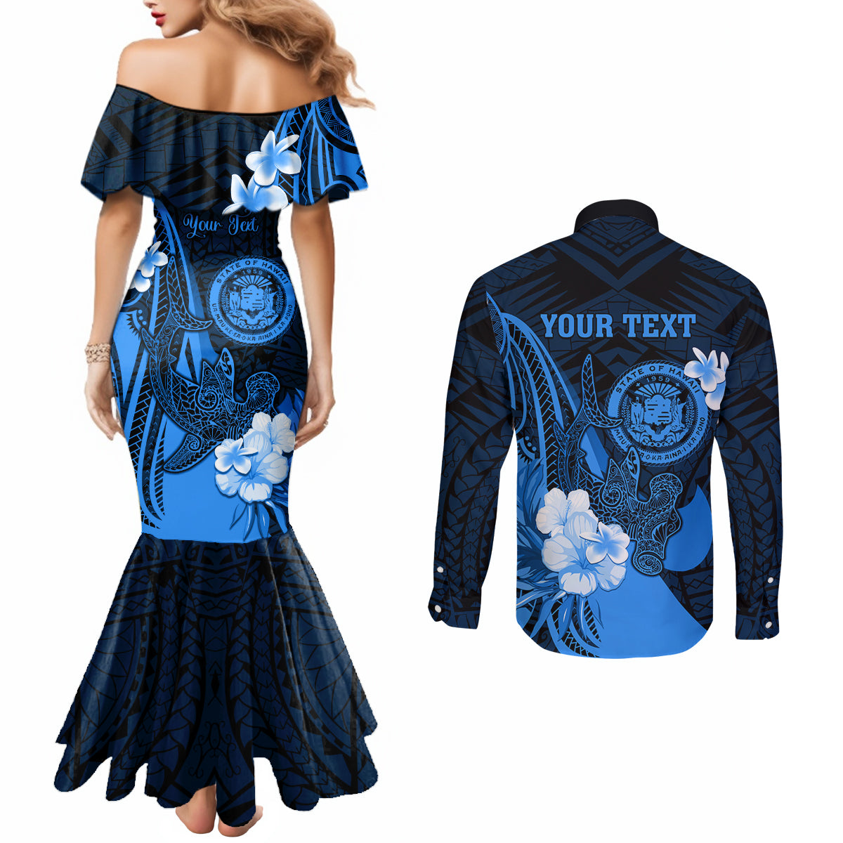 Personalised Hawaii State Motto Couples Matching Mermaid Dress and Long Sleeve Button Shirt Hawaiian Tribal Blue Hammerhead Shark LT05 - Polynesian Pride