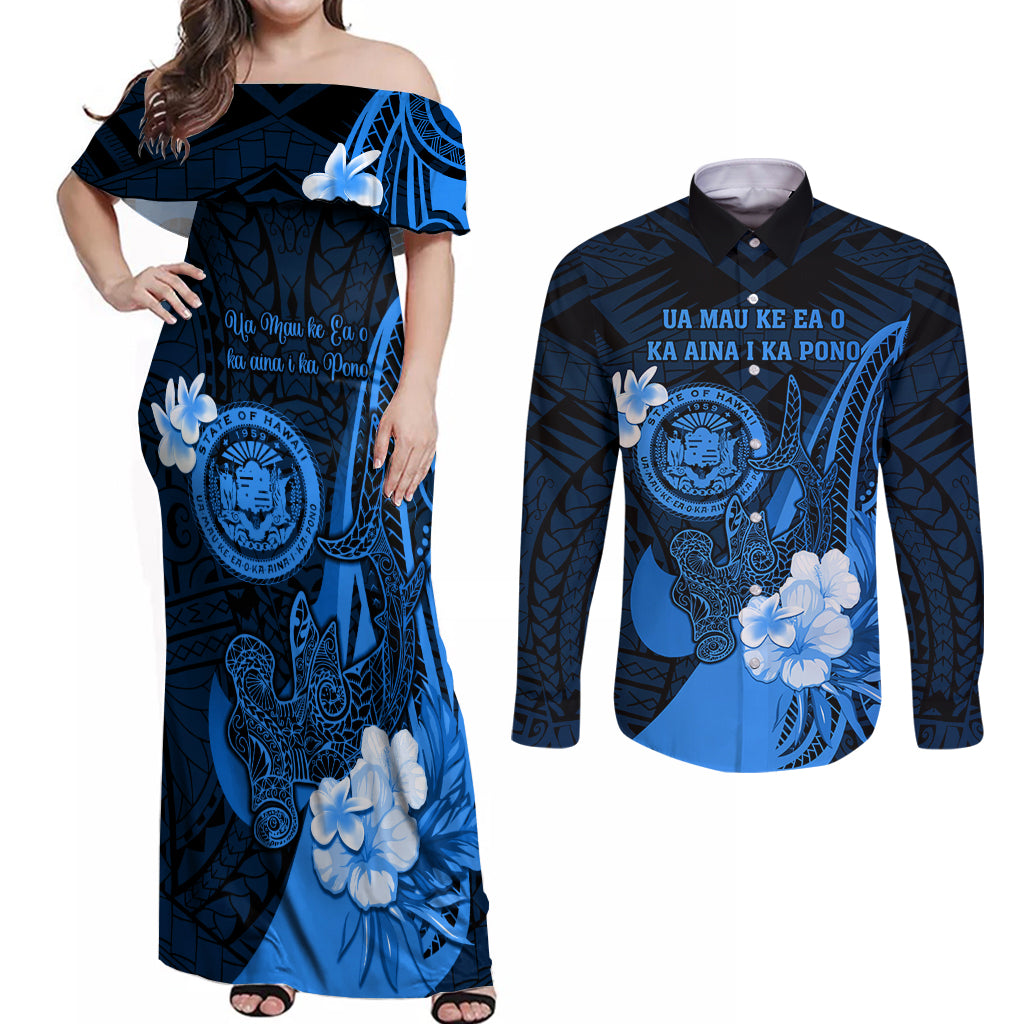 Personalised Hawaii State Motto Couples Matching Off Shoulder Maxi Dress and Long Sleeve Button Shirt Hawaiian Tribal Blue Hammerhead Shark LT05 Blue - Polynesian Pride