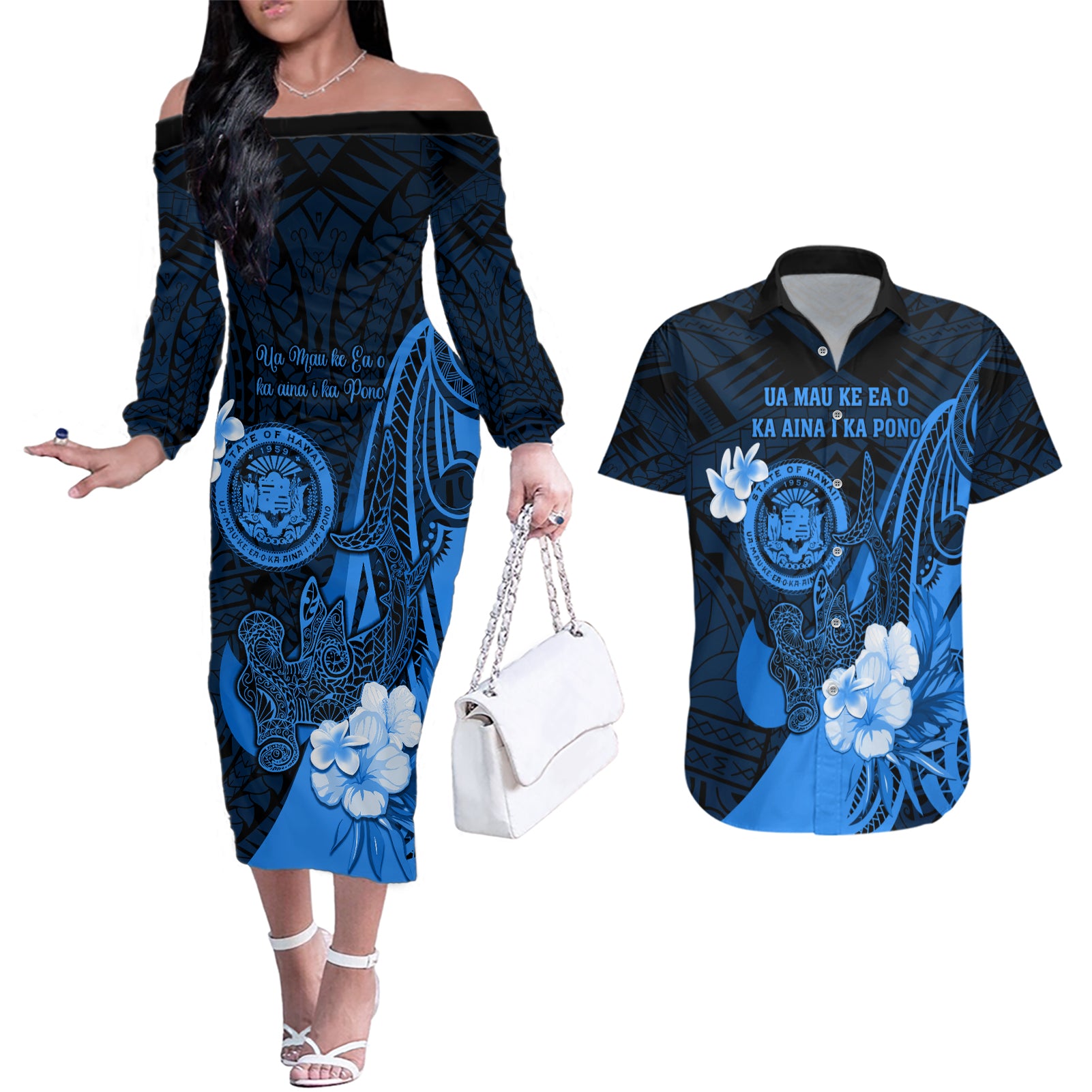 Personalised Hawaii State Motto Couples Matching Off The Shoulder Long Sleeve Dress and Hawaiian Shirt Hawaiian Tribal Blue Hammerhead Shark LT05 Blue - Polynesian Pride