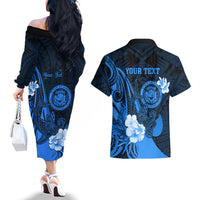 Personalised Hawaii State Motto Couples Matching Off The Shoulder Long Sleeve Dress and Hawaiian Shirt Hawaiian Tribal Blue Hammerhead Shark LT05 - Polynesian Pride
