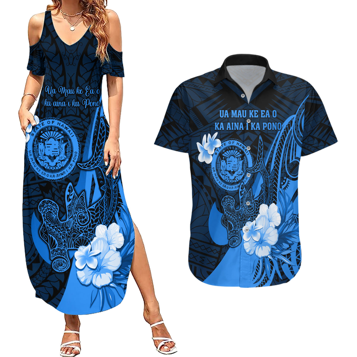 Personalised Hawaii State Motto Couples Matching Summer Maxi Dress and Hawaiian Shirt Hawaiian Tribal Blue Hammerhead Shark LT05 Blue - Polynesian Pride