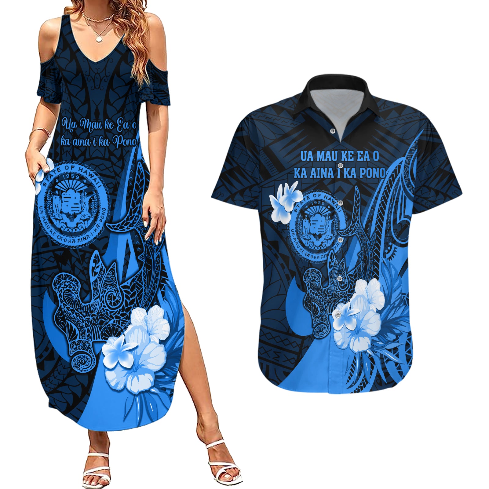 Personalised Hawaii State Motto Couples Matching Summer Maxi Dress and Hawaiian Shirt Hawaiian Tribal Blue Hammerhead Shark LT05 Blue - Polynesian Pride
