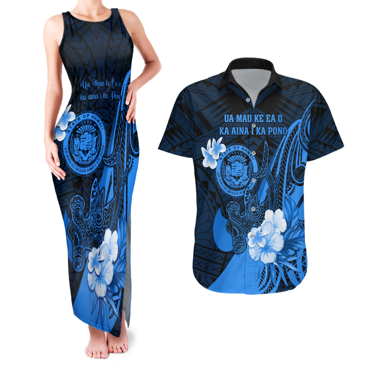 Personalised Hawaii State Motto Couples Matching Tank Maxi Dress and Hawaiian Shirt Hawaiian Tribal Blue Hammerhead Shark LT05 Blue - Polynesian Pride