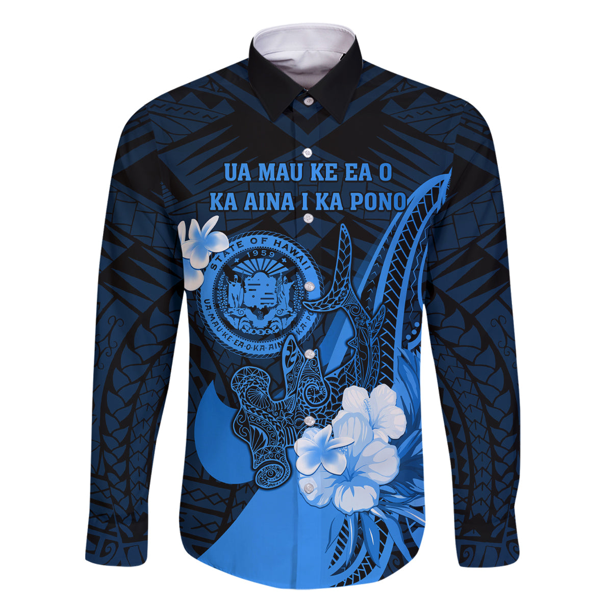 Personalised Hawaii State Motto Family Matching Long Sleeve Bodycon Dress and Hawaiian Shirt Hawaiian Tribal Blue Hammerhead Shark LT05 Dad's Shirt - Long Sleeve Blue - Polynesian Pride