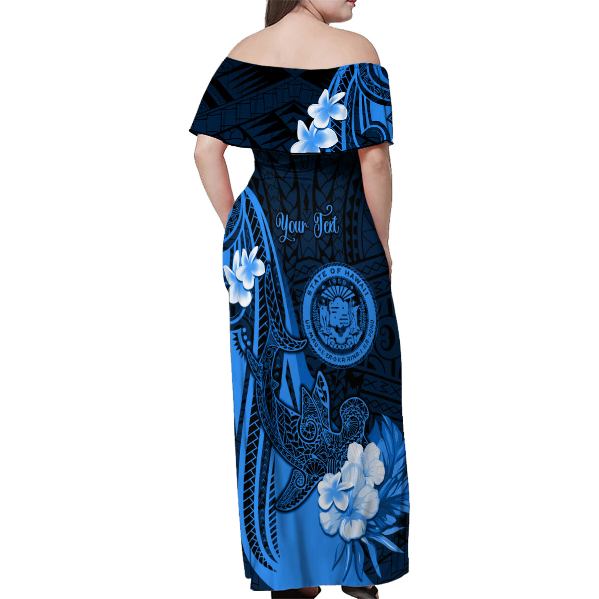 Personalised Hawaii State Motto Family Matching Off Shoulder Maxi Dress and Hawaiian Shirt Hawaiian Tribal Blue Hammerhead Shark LT05 - Polynesian Pride