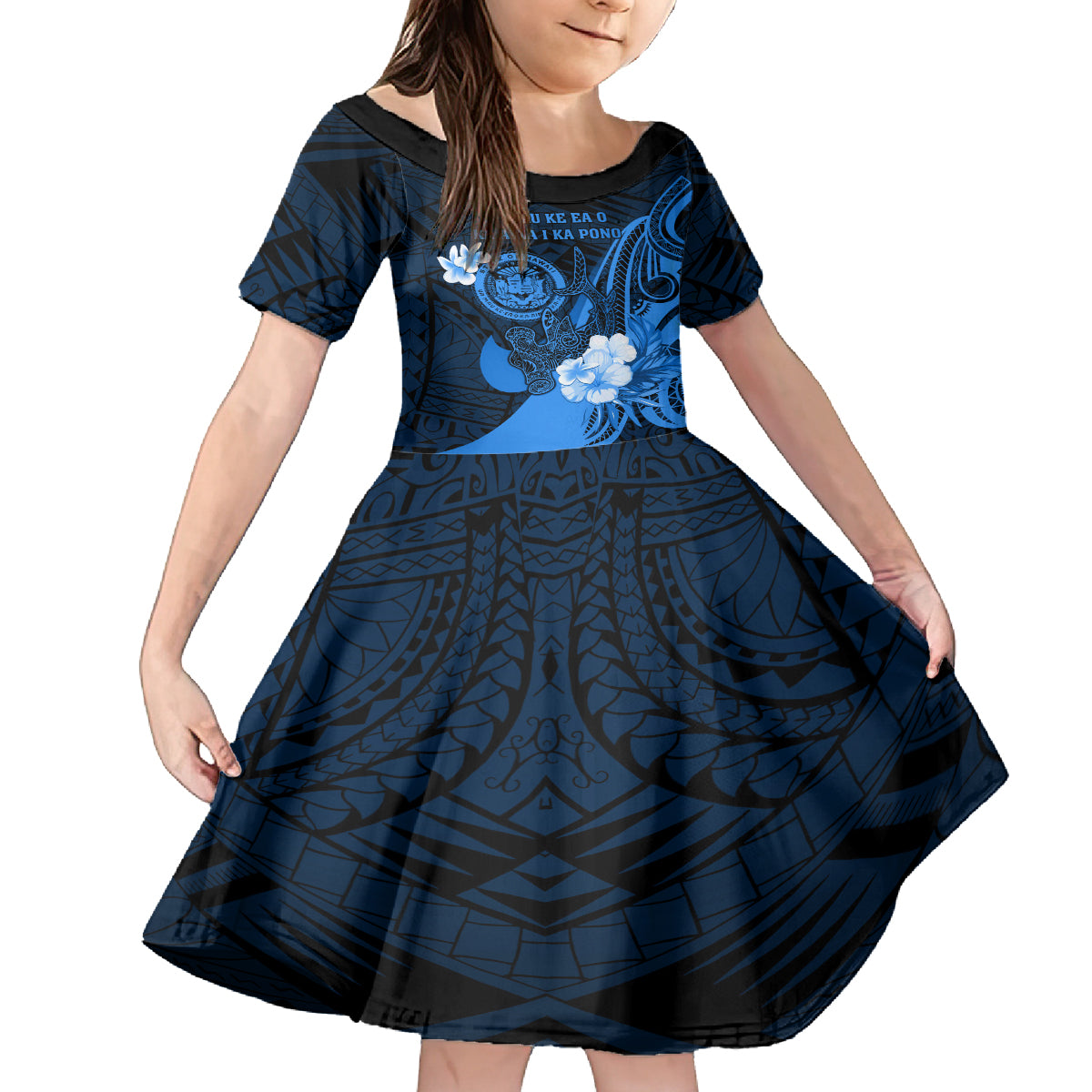Personalised Hawaii State Motto Family Matching Puletasi and Hawaiian Shirt Hawaiian Tribal Blue Hammerhead Shark LT05 Daughter's Dress Blue - Polynesian Pride