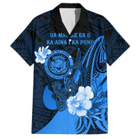 Personalised Hawaii State Motto Family Matching Puletasi and Hawaiian Shirt Hawaiian Tribal Blue Hammerhead Shark LT05 Dad's Shirt - Short Sleeve Blue - Polynesian Pride