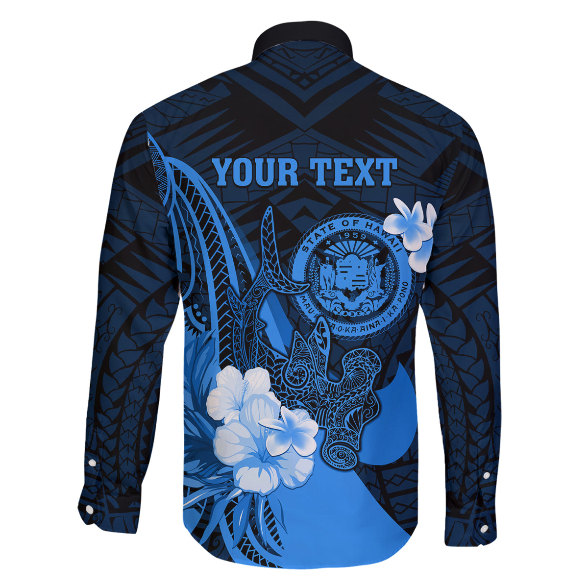 Personalised Hawaii State Motto Family Matching Puletasi and Hawaiian Shirt Hawaiian Tribal Blue Hammerhead Shark LT05 - Polynesian Pride