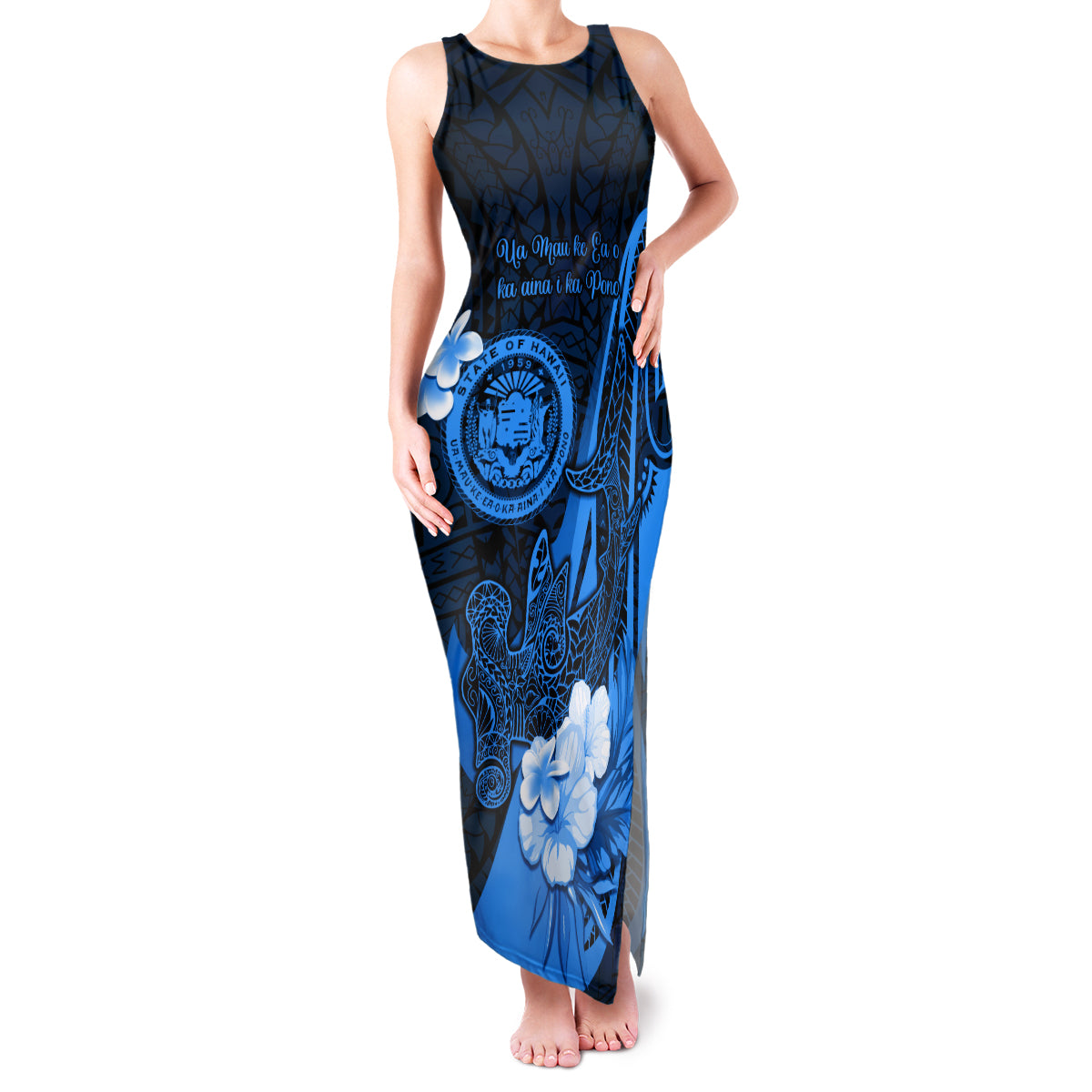 Personalised Hawaii State Motto Family Matching Tank Maxi Dress and Hawaiian Shirt Hawaiian Tribal Blue Hammerhead Shark LT05 Mom's Dress Blue - Polynesian Pride