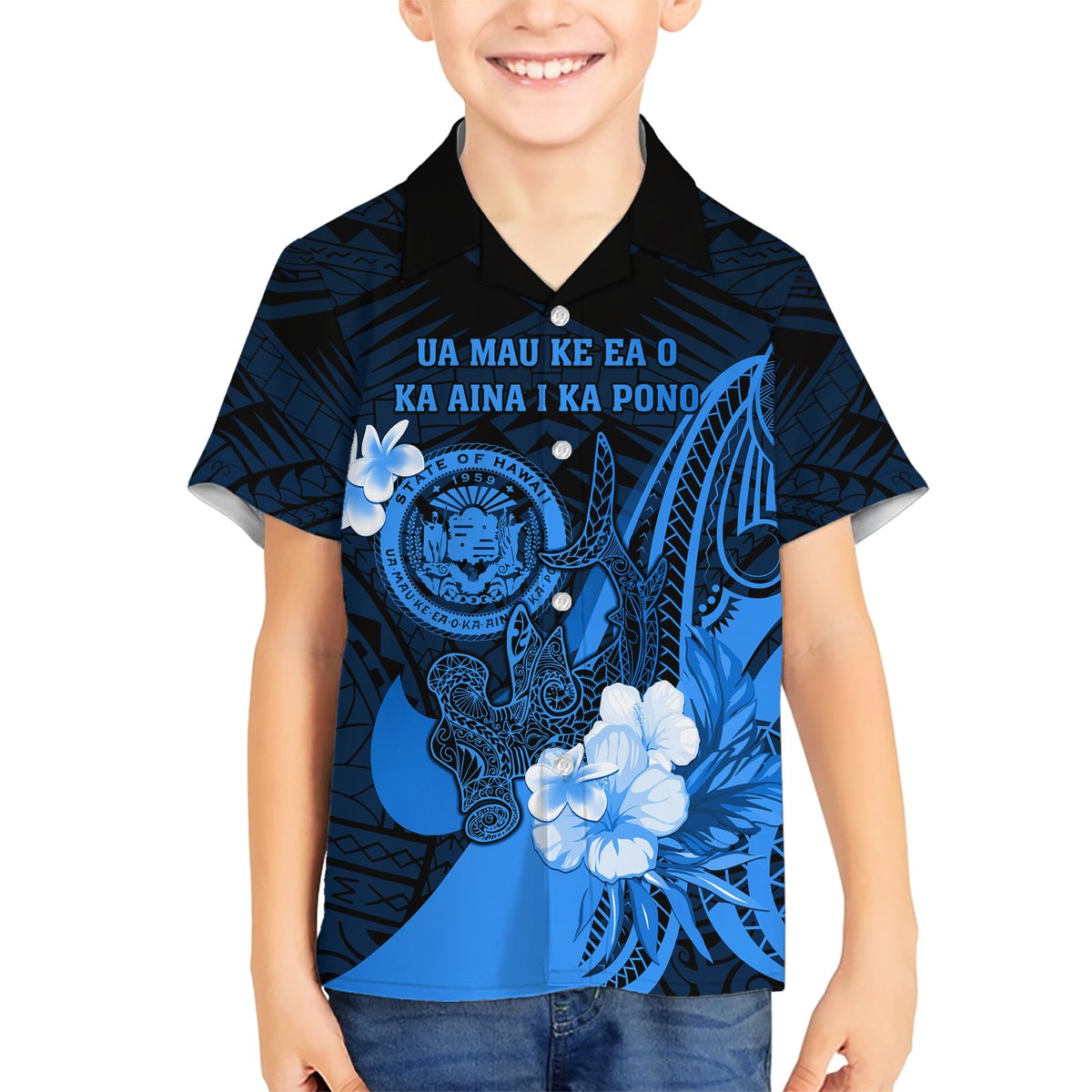 Personalised Hawaii State Motto Hawaiian Shirt Hawaiian Tribal Blue Hammerhead Shark LT05 - Polynesian Pride