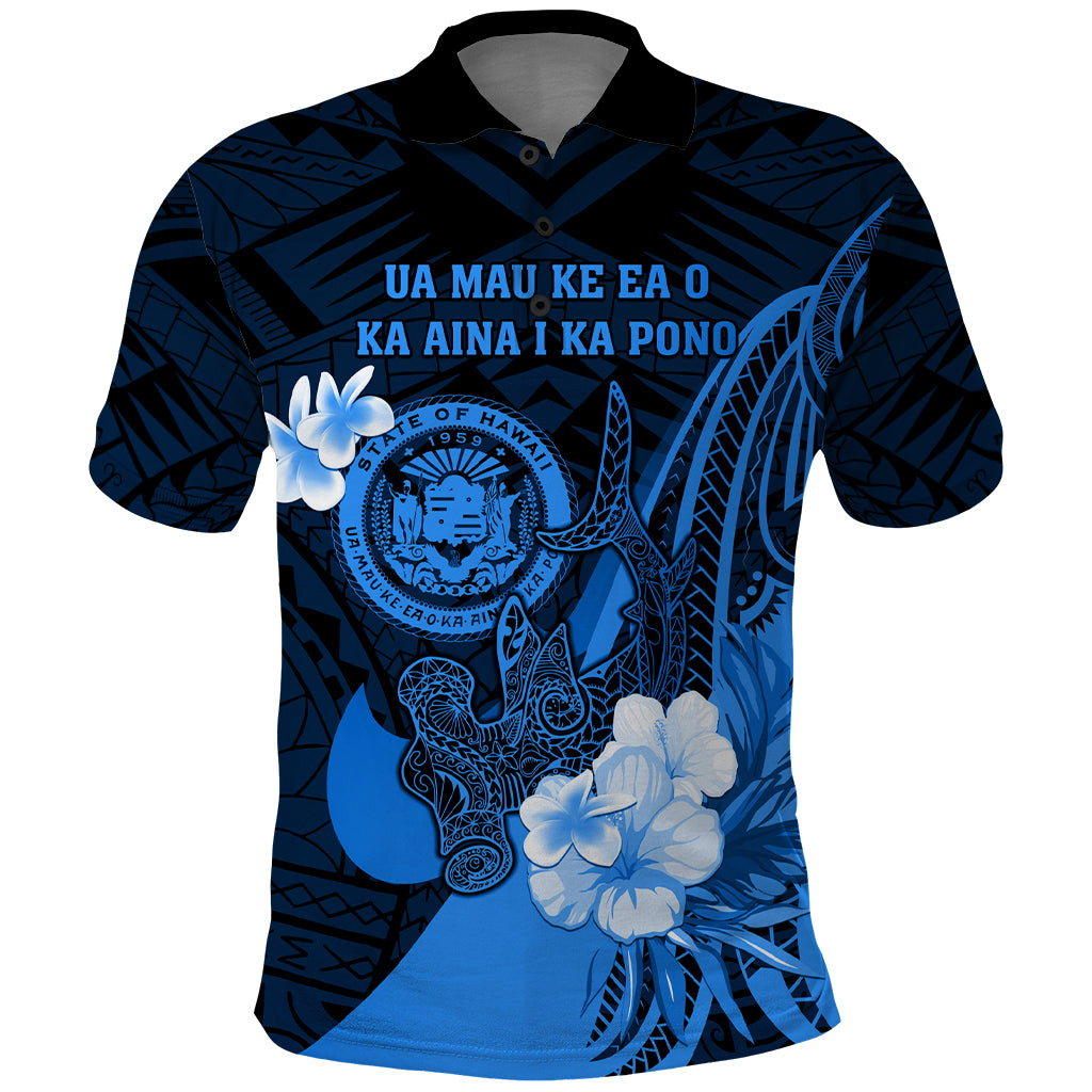 Personalised Hawaii State Motto Polo Shirt Hawaiian Tribal Blue Hammerhead Shark LT05 Blue - Polynesian Pride
