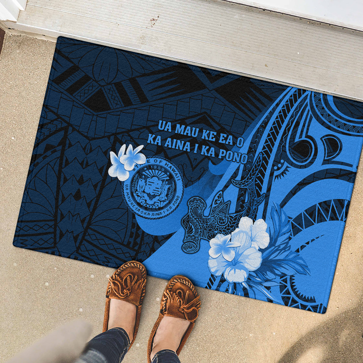 Hawaii State Motto Rubber Doormat Hawaiian Tribal Blue Hammerhead Shark LT05 - Polynesian Pride