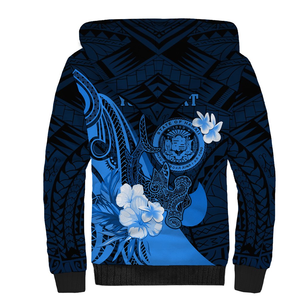 Personalised Hawaii State Motto Sherpa Hoodie Hawaiian Tribal Blue Hammerhead Shark LT05 - Polynesian Pride