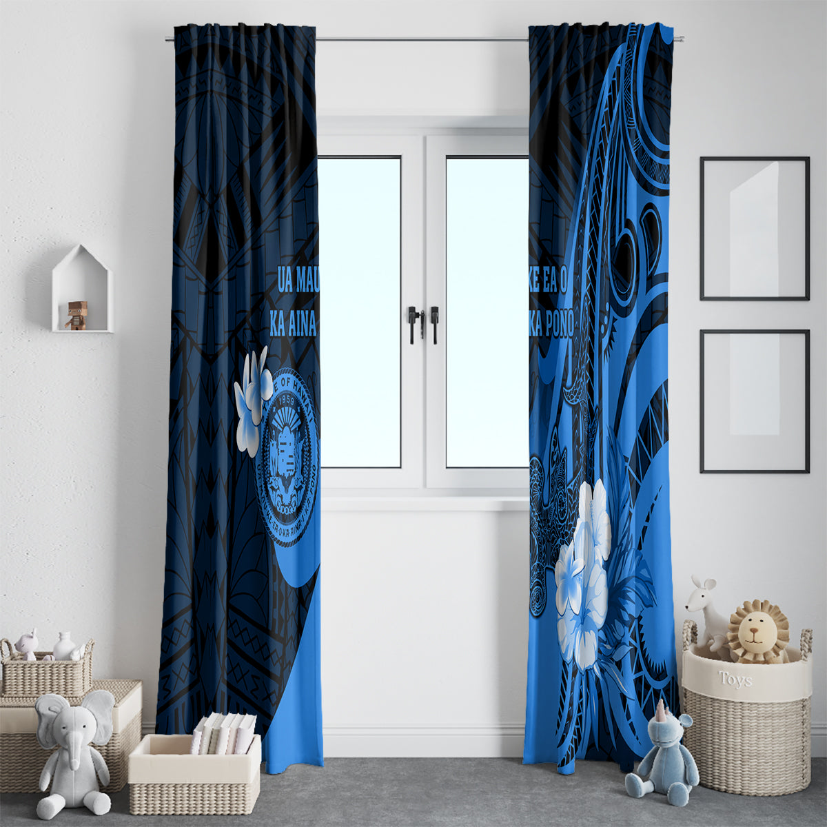 Hawaii State Motto Window Curtain Hawaiian Tribal Blue Hammerhead Shark LT05 - Polynesian Pride