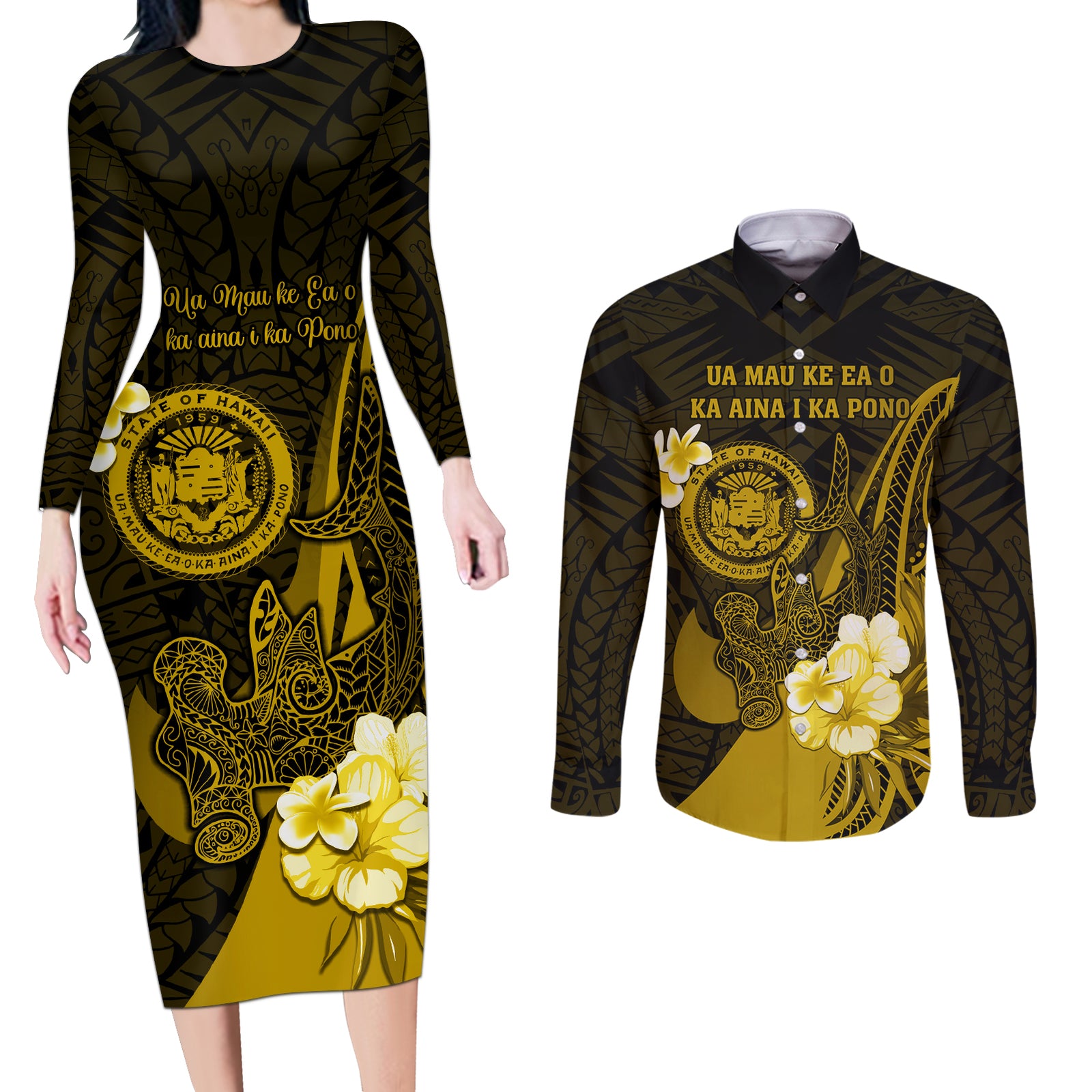 Personalised Hawaii State Motto Couples Matching Long Sleeve Bodycon Dress and Long Sleeve Button Shirt Hawaiian Tribal Gold Hammerhead Shark LT05 Gold - Polynesian Pride