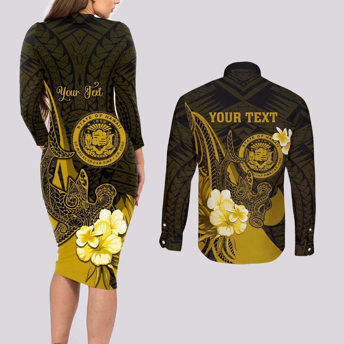 Personalised Hawaii State Motto Couples Matching Long Sleeve Bodycon Dress and Long Sleeve Button Shirt Hawaiian Tribal Gold Hammerhead Shark LT05 - Polynesian Pride