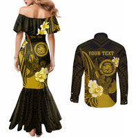 Personalised Hawaii State Motto Couples Matching Mermaid Dress and Long Sleeve Button Shirt Hawaiian Tribal Gold Hammerhead Shark LT05 - Polynesian Pride