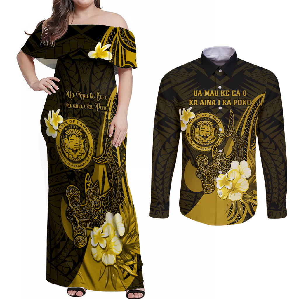 Personalised Hawaii State Motto Couples Matching Off Shoulder Maxi Dress and Long Sleeve Button Shirt Hawaiian Tribal Gold Hammerhead Shark LT05 Gold - Polynesian Pride