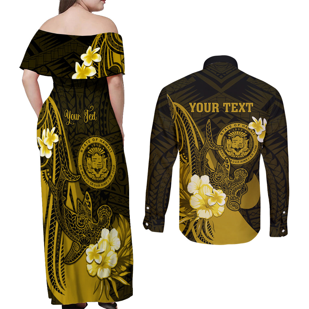 Personalised Hawaii State Motto Couples Matching Off Shoulder Maxi Dress and Long Sleeve Button Shirt Hawaiian Tribal Gold Hammerhead Shark LT05 - Polynesian Pride