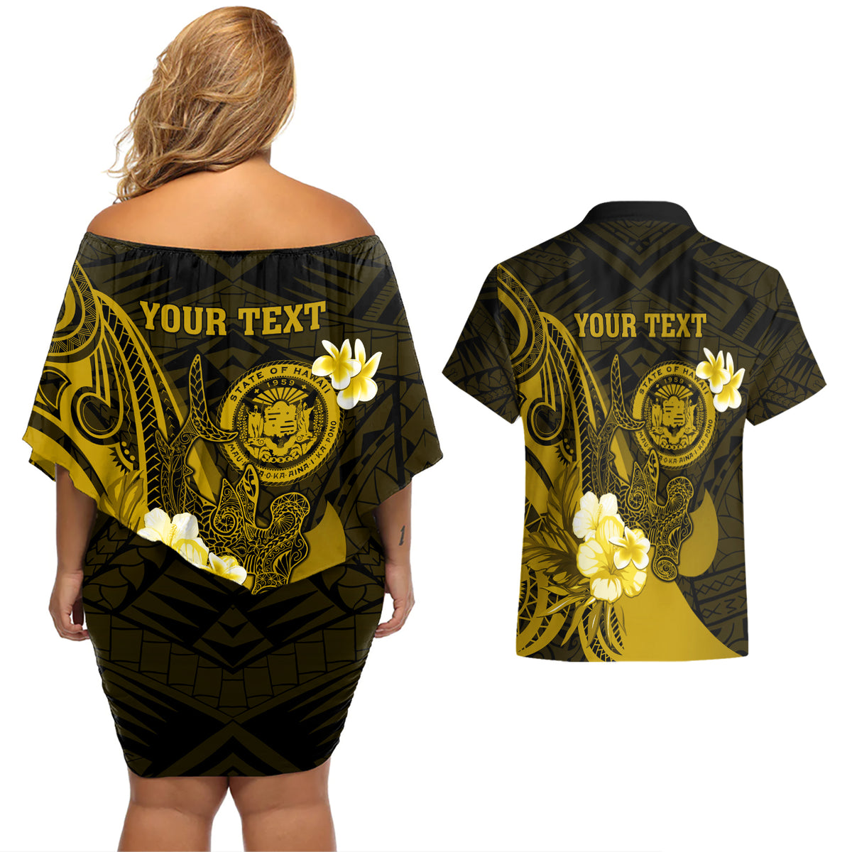 Personalised Hawaii State Motto Couples Matching Off Shoulder Short Dress and Hawaiian Shirt Hawaiian Tribal Gold Hammerhead Shark LT05 - Polynesian Pride
