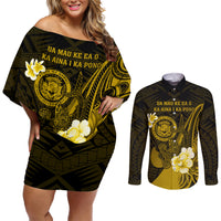 Personalised Hawaii State Motto Couples Matching Off Shoulder Short Dress and Long Sleeve Button Shirt Hawaiian Tribal Gold Hammerhead Shark LT05 Gold - Polynesian Pride